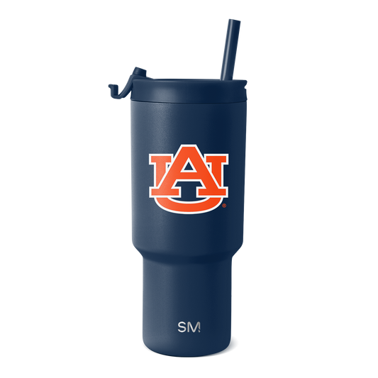 Deep navy blue tumbler with bold orange and white logo graphic on front and white SM branding on lower section