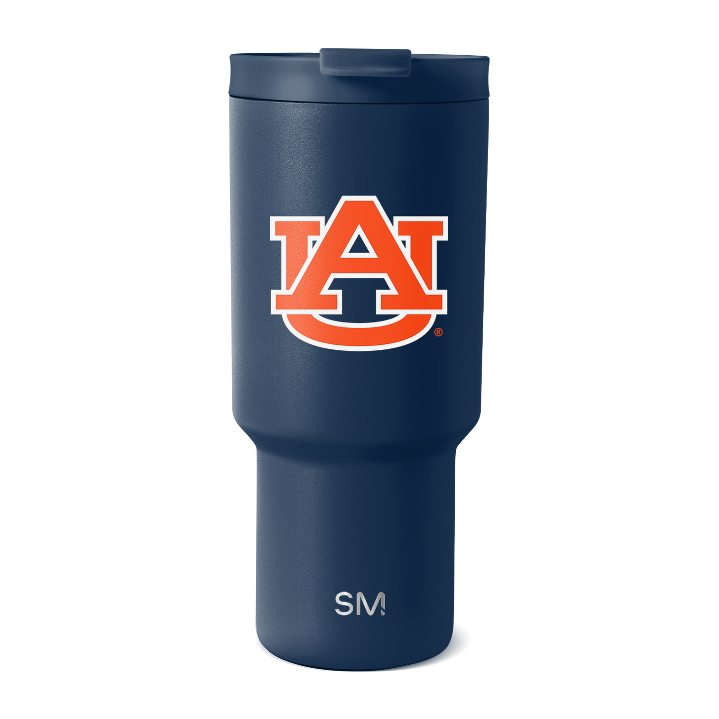 Auburn University tumbler with navy blue body and vibrant orange-red accents