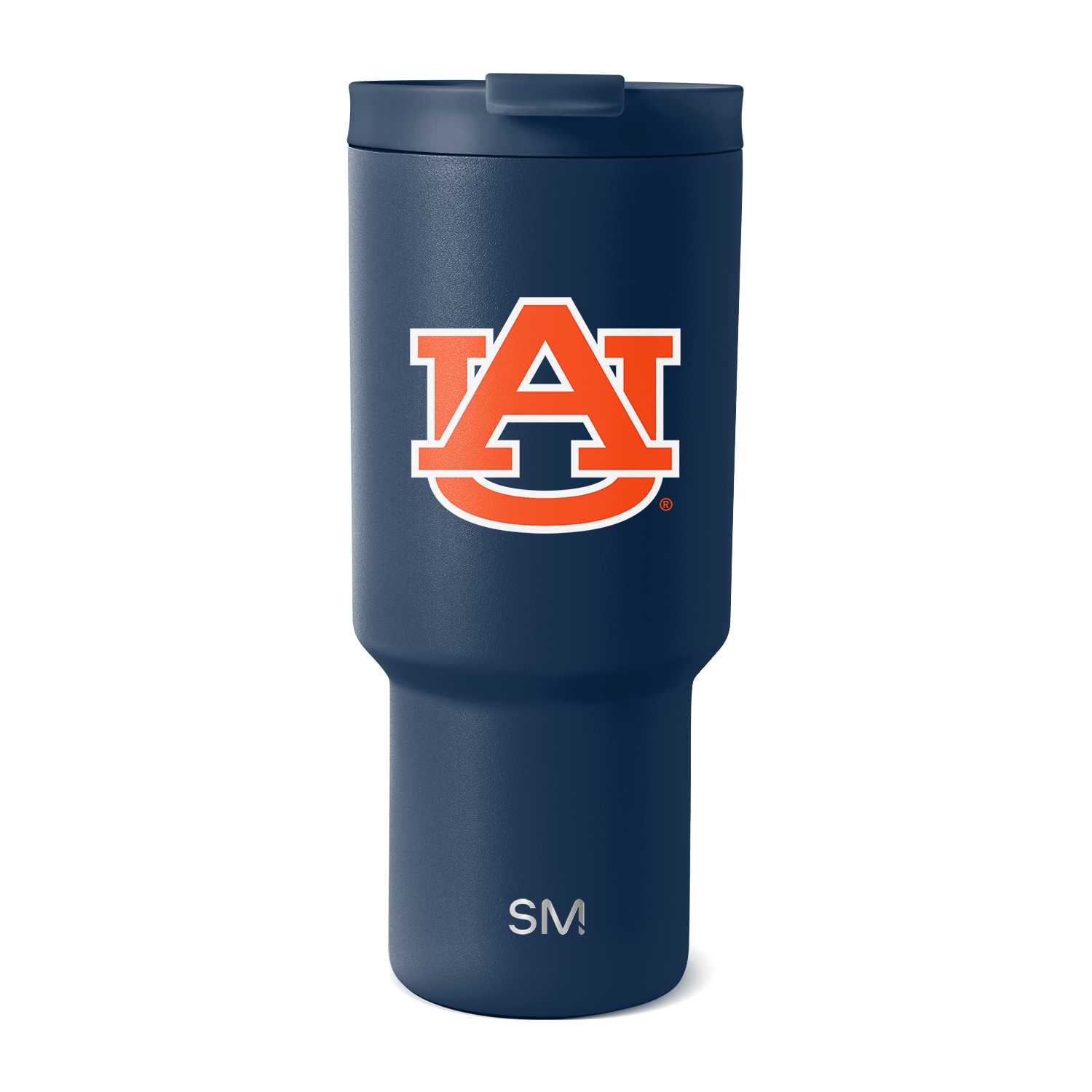 Auburn University tumbler with navy blue body and vibrant orange-red accents