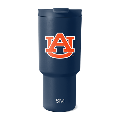 Auburn University tumbler with navy blue body and vibrant orange-red accents