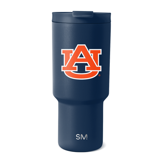 Auburn University tumbler with navy blue body and vibrant orange-red accents