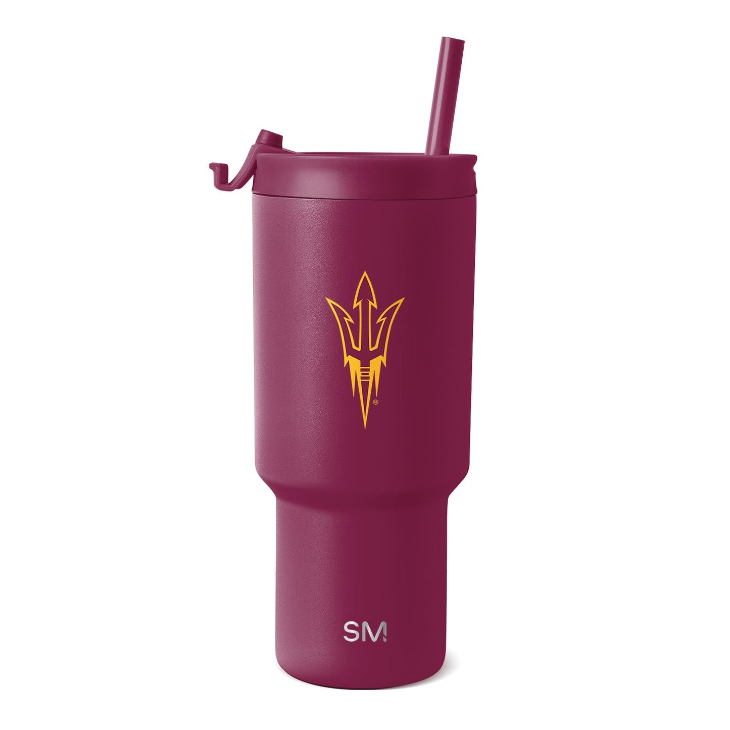 Burgundy wine-red tumbler with matte texture and gold accent logo graphics
