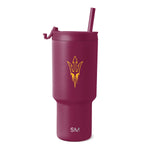 Burgundy wine-red tumbler with matte texture and gold accent logo graphics