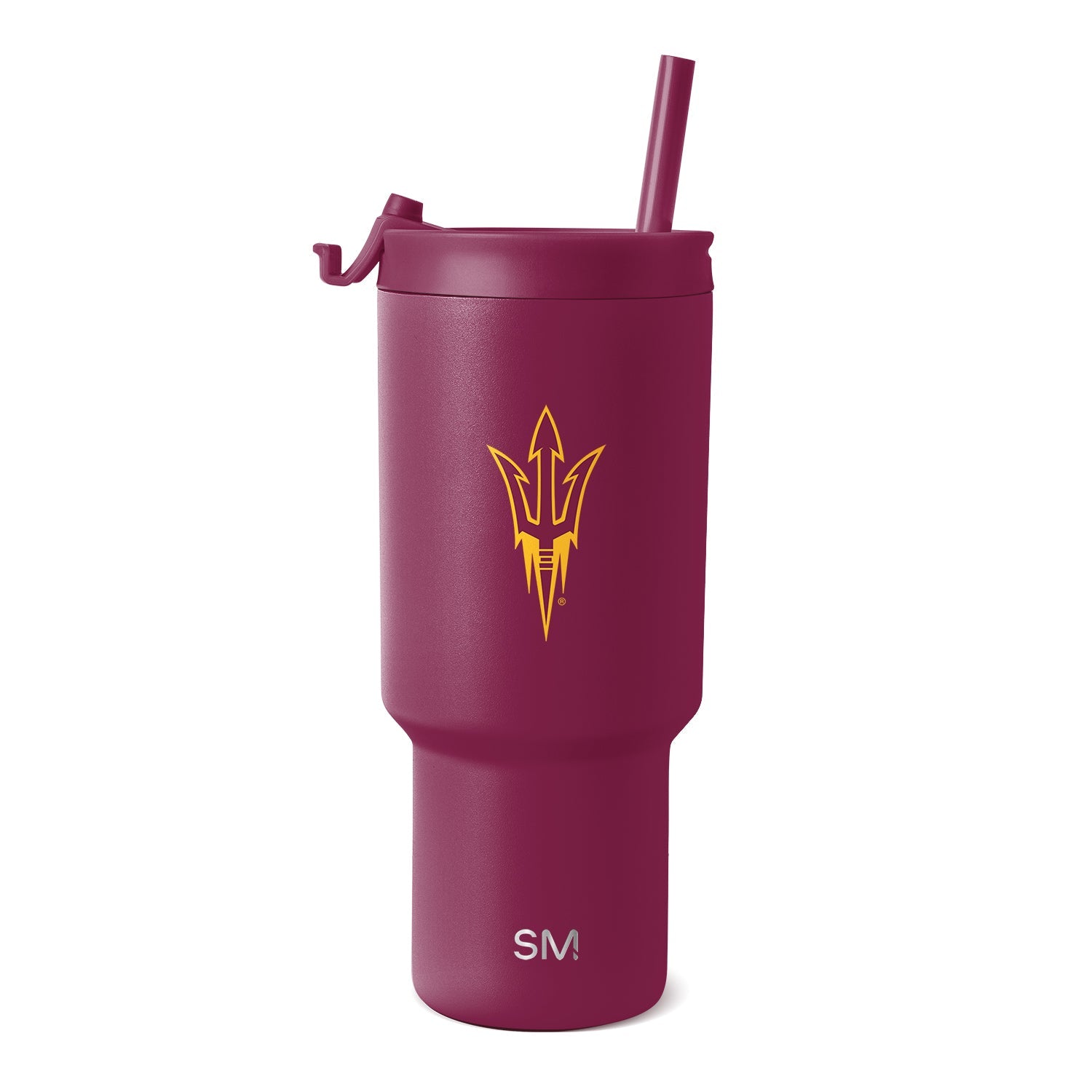 Burgundy wine-red tumbler with matte texture and gold accent logo graphics