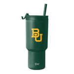 Forest green matte textured tumbler with golden yellow university logo, cylindrical design