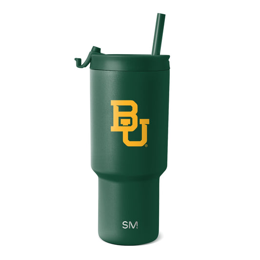 Forest green matte textured tumbler with golden yellow university logo, cylindrical design