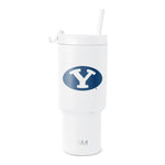 White insulated tumbler with lid and straw, cylindrical design with tapered base on white background