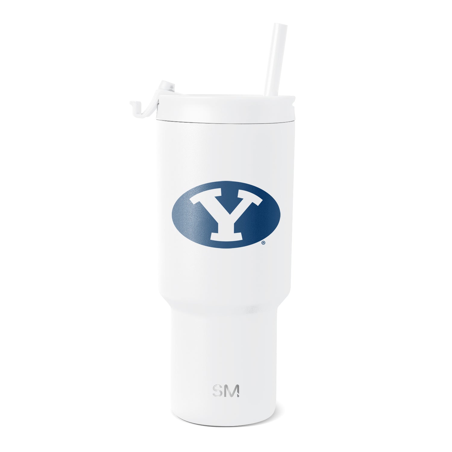 White insulated tumbler with lid and straw, cylindrical design with tapered base on white background