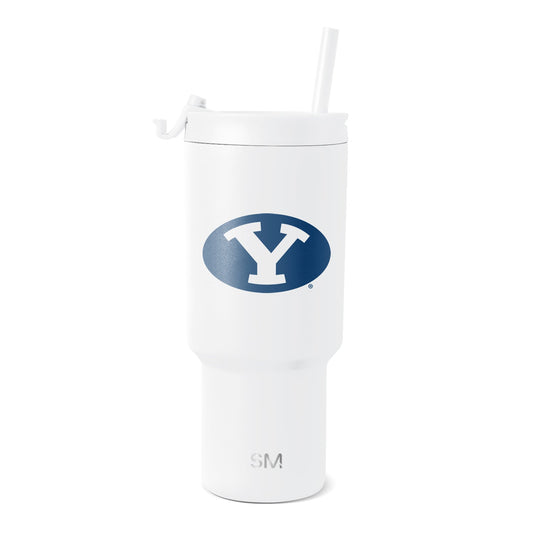 White insulated tumbler with lid and straw, cylindrical design with tapered base on white background