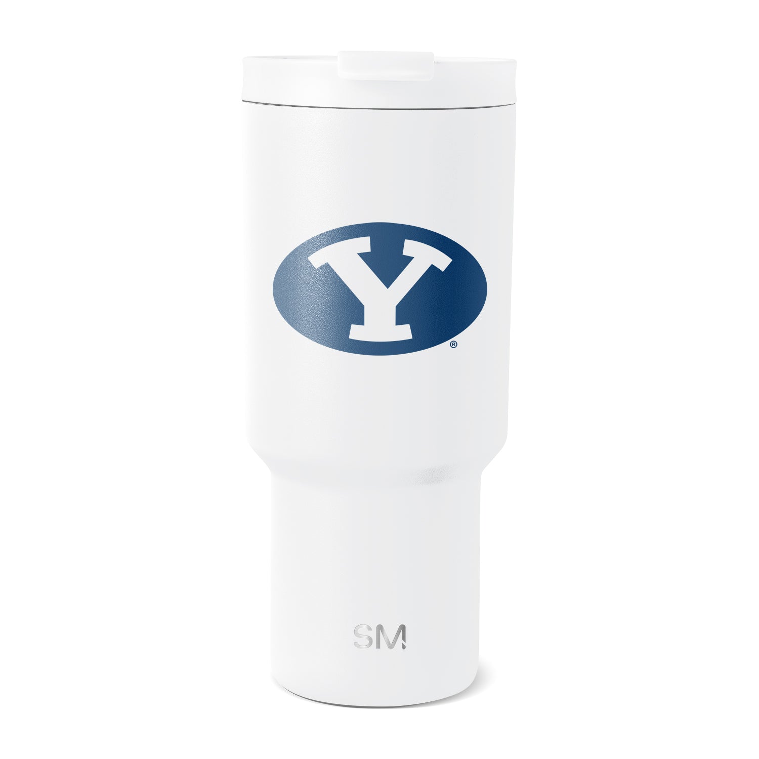White insulated tumbler with navy blue oval logo on front, displayed against white background
