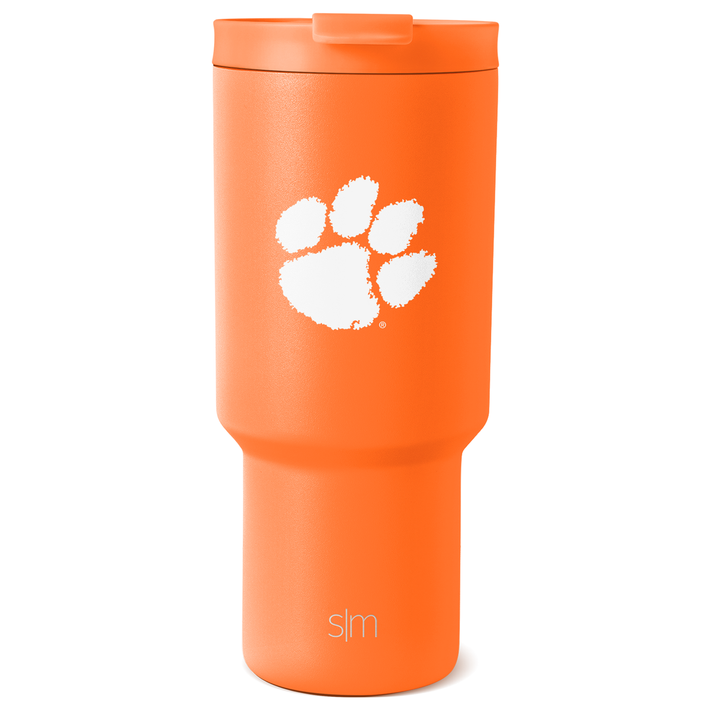 Bright orange tumbler with white graphic design and branding