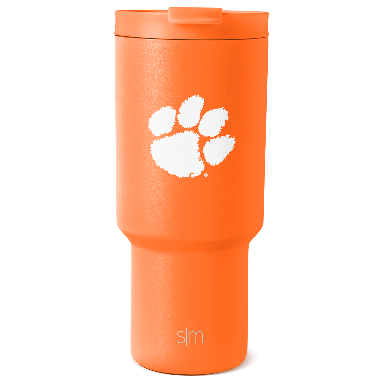 Bright orange tumbler with white graphic design and branding