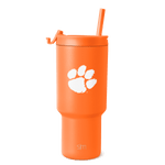 Bright orange tumbler with white paw print graphic and brand text