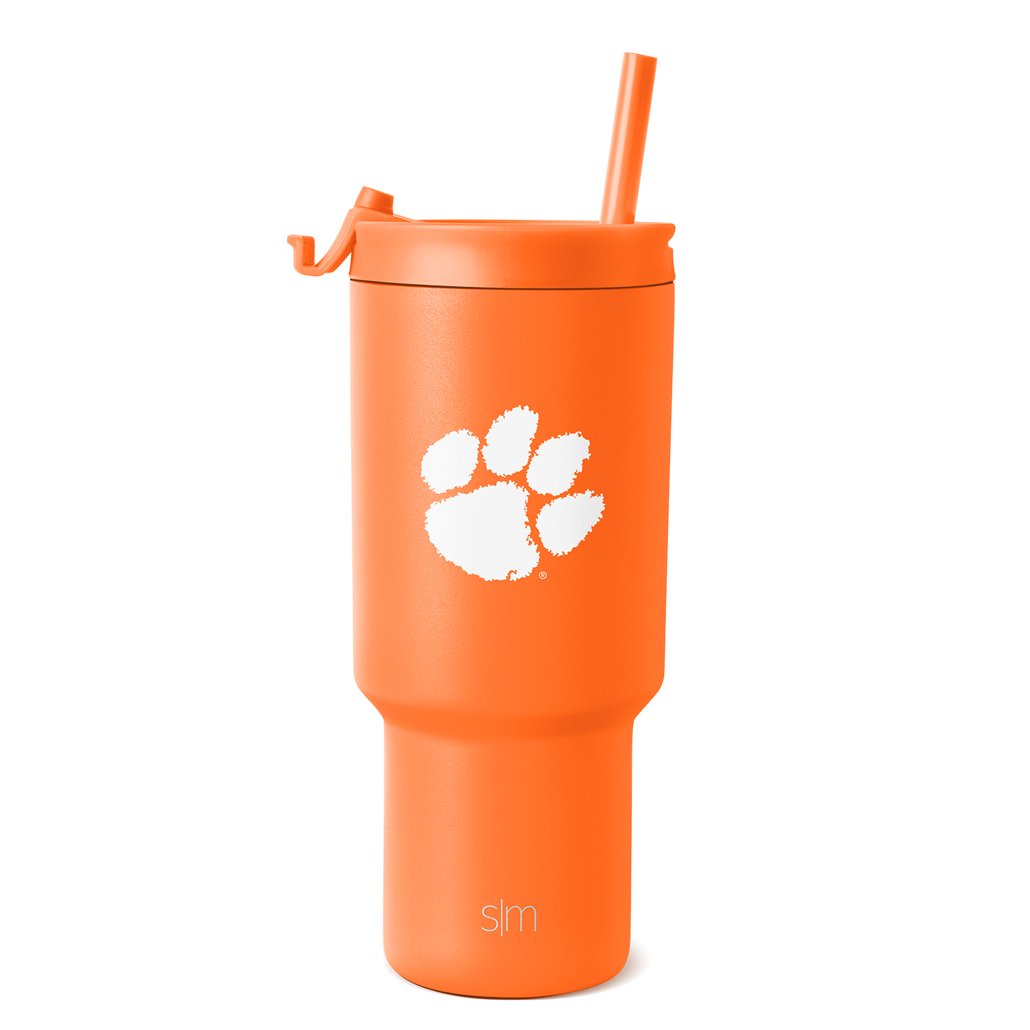 Bright orange tumbler with white paw print graphic and brand text
