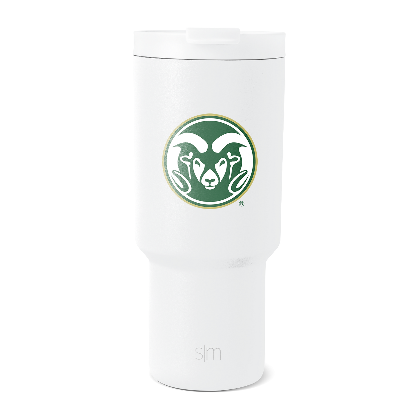 White cylindrical insulated tumbler with tapered design, wider at top, photographed against plain white background in minimalist product photography style.