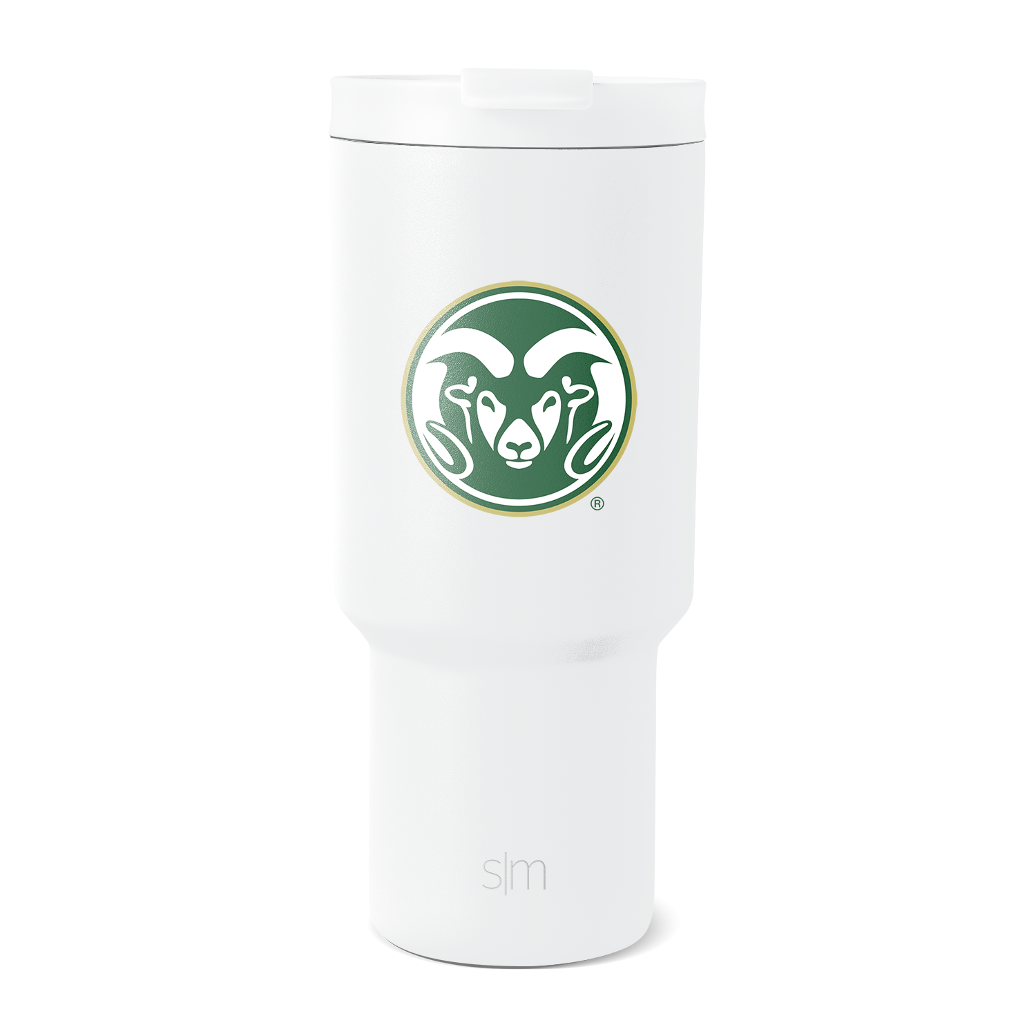 White cylindrical insulated tumbler with tapered design, wider at top, photographed against plain white background in minimalist product photography style.