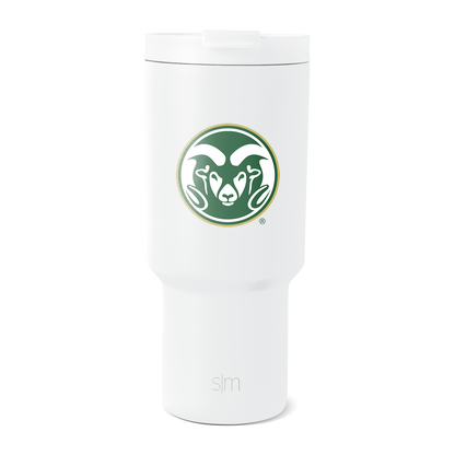 White cylindrical insulated tumbler with tapered design, wider at top, photographed against plain white background in minimalist product photography style.