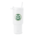 White insulated tumbler with forest green and cream circular logo badge on body