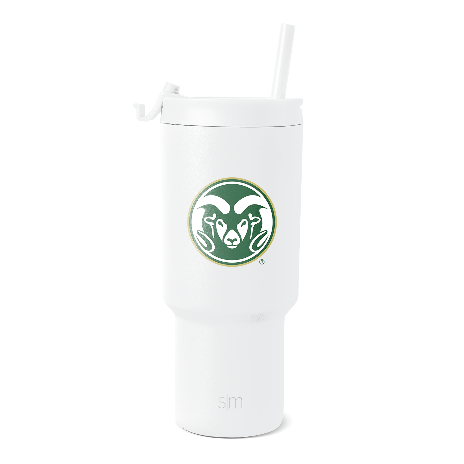 White insulated tumbler with forest green and cream circular logo badge on body