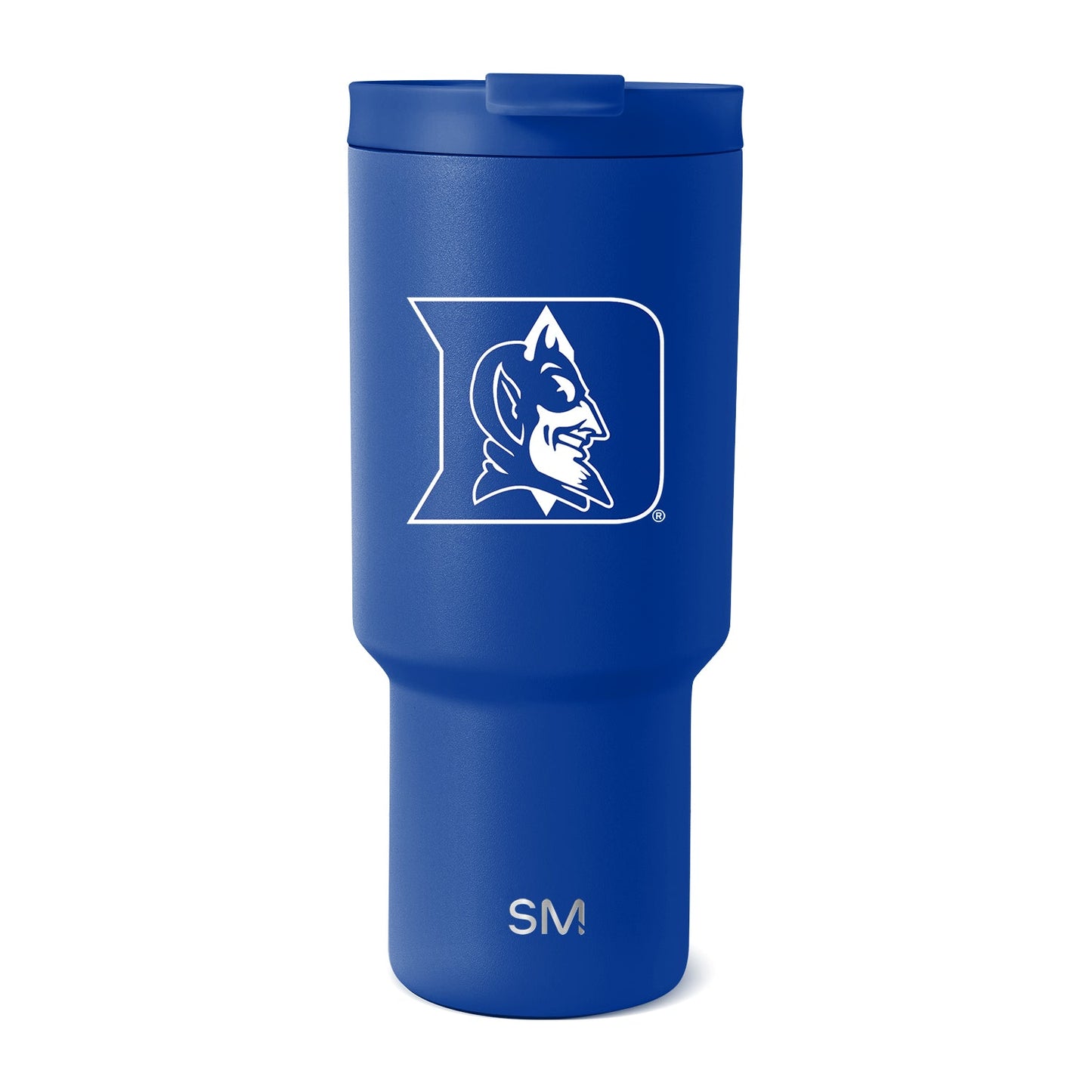 Tall stainless steel tumbler in royal blue with cylindrical design, wider top and tapered base, centered on white background.