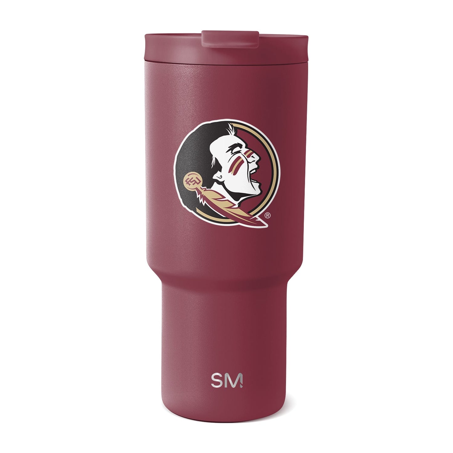 Deep burgundy matte tumbler with white, black, gold, and cream logo and text accents