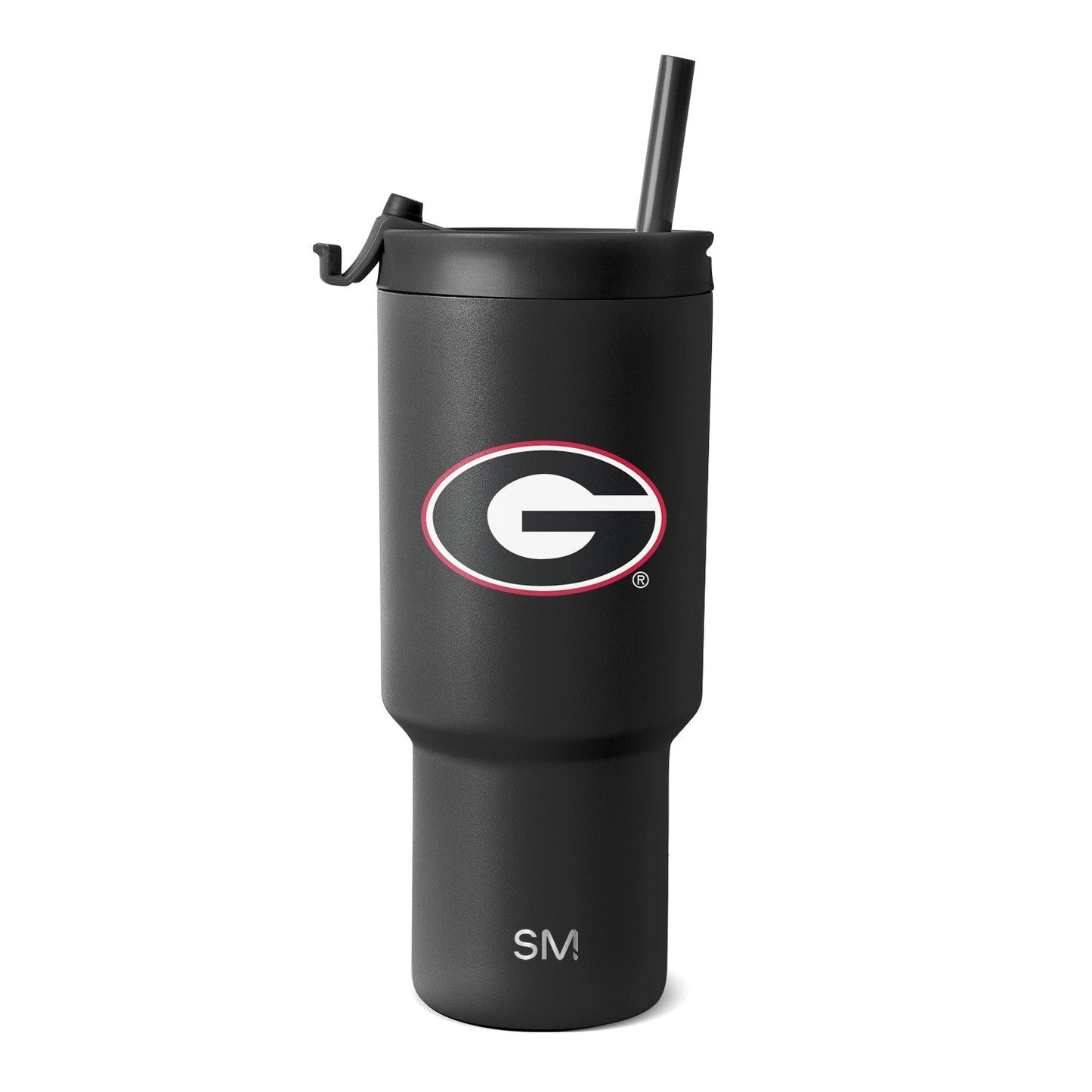 Matte charcoal tumbler with black lid and straw, white interior logo design elements