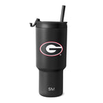 Matte charcoal tumbler with black lid and straw, white interior logo design elements