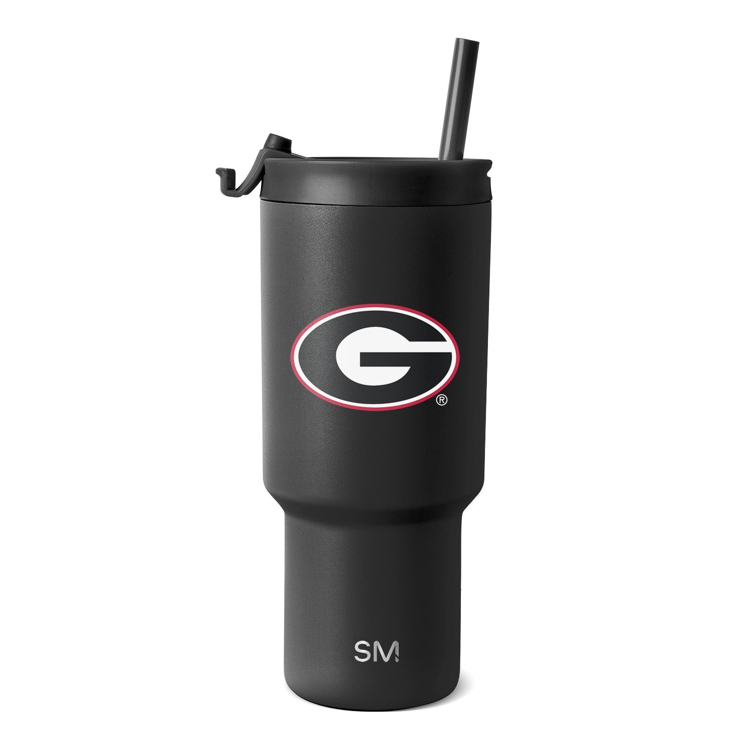 Matte charcoal tumbler with black lid and straw, white interior logo design elements