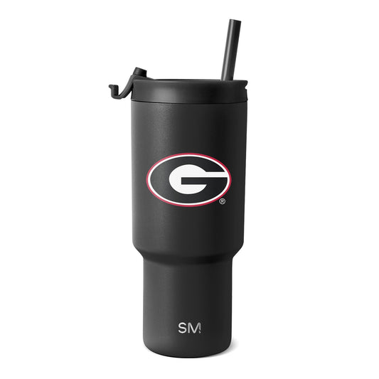 Matte charcoal tumbler with black lid and straw, white interior logo design elements