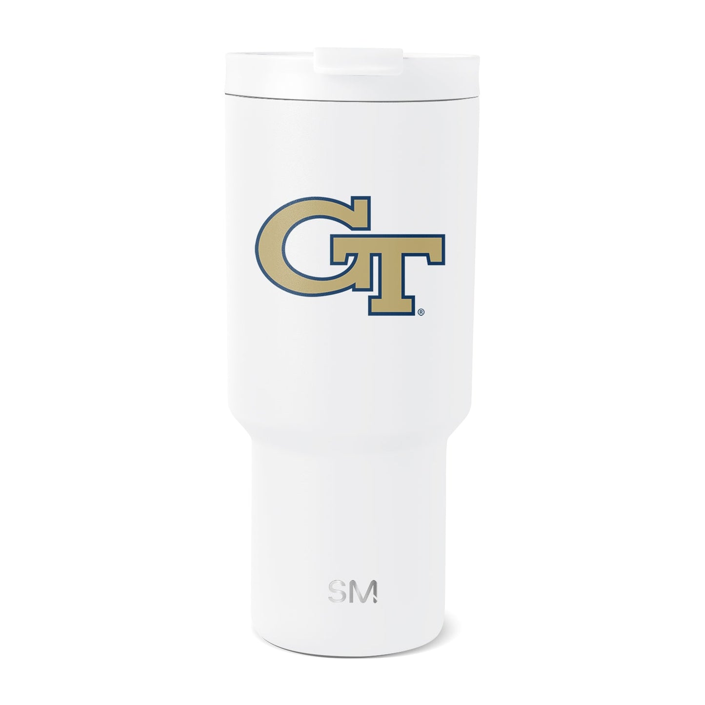 White insulated tumbler with tapered cylindrical design, narrow base, wider top, and white lid with gray band, centered on white background.
