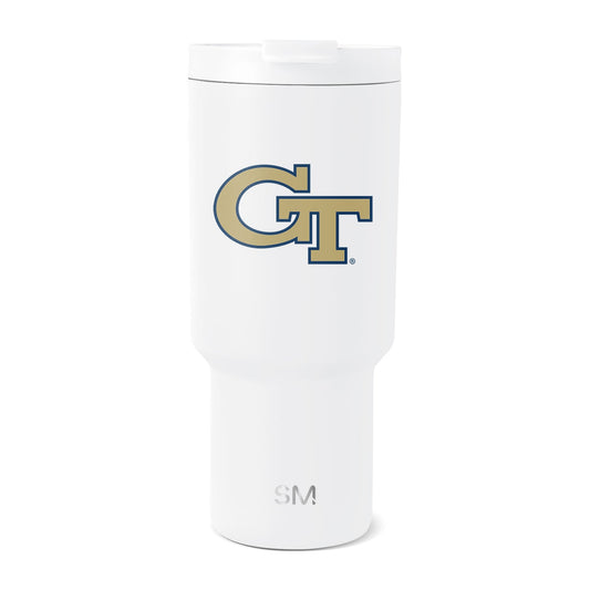 White insulated tumbler with tapered cylindrical design, narrow base, wider top, and white lid with gray band, centered on white background.