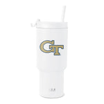 White cylindrical tumbler with Georgia Tech logo in gold and navy blue. Tall drinking cup with clean finish and contrasting colored school emblem.