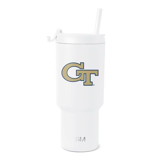 White cylindrical tumbler with Georgia Tech logo in gold and navy blue. Tall drinking cup with clean finish and contrasting colored school emblem.