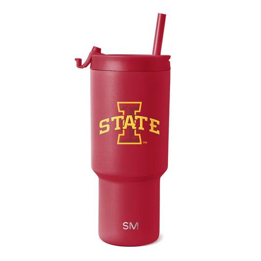 Cardinal red tumbler with golden yellow printed logo, designed for beverage containment and insulation