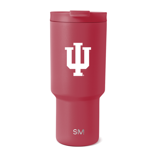 Burgundy-red cylindrical tumbler with matching lid and darker red base