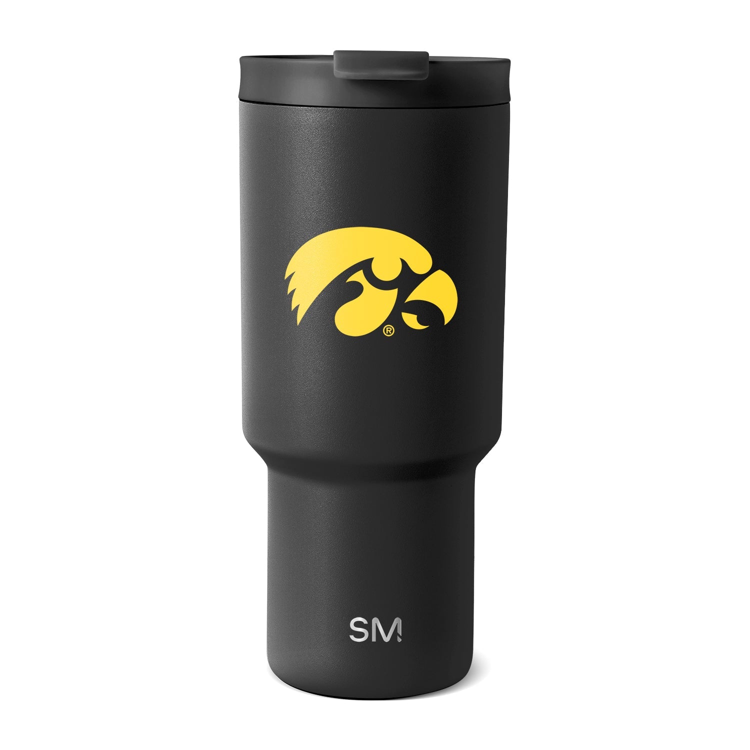 Matte black insulated tumbler with bright yellow University of Iowa logo and metallic gray lid