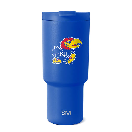Royal blue cylindrical tumbler with matte finish featuring a colorful logo in red, yellow, and white
