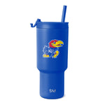 Royal blue insulated tumbler with University of Kansas Jayhawk mascot logo featuring red and yellow accents on the bird's head and beak.