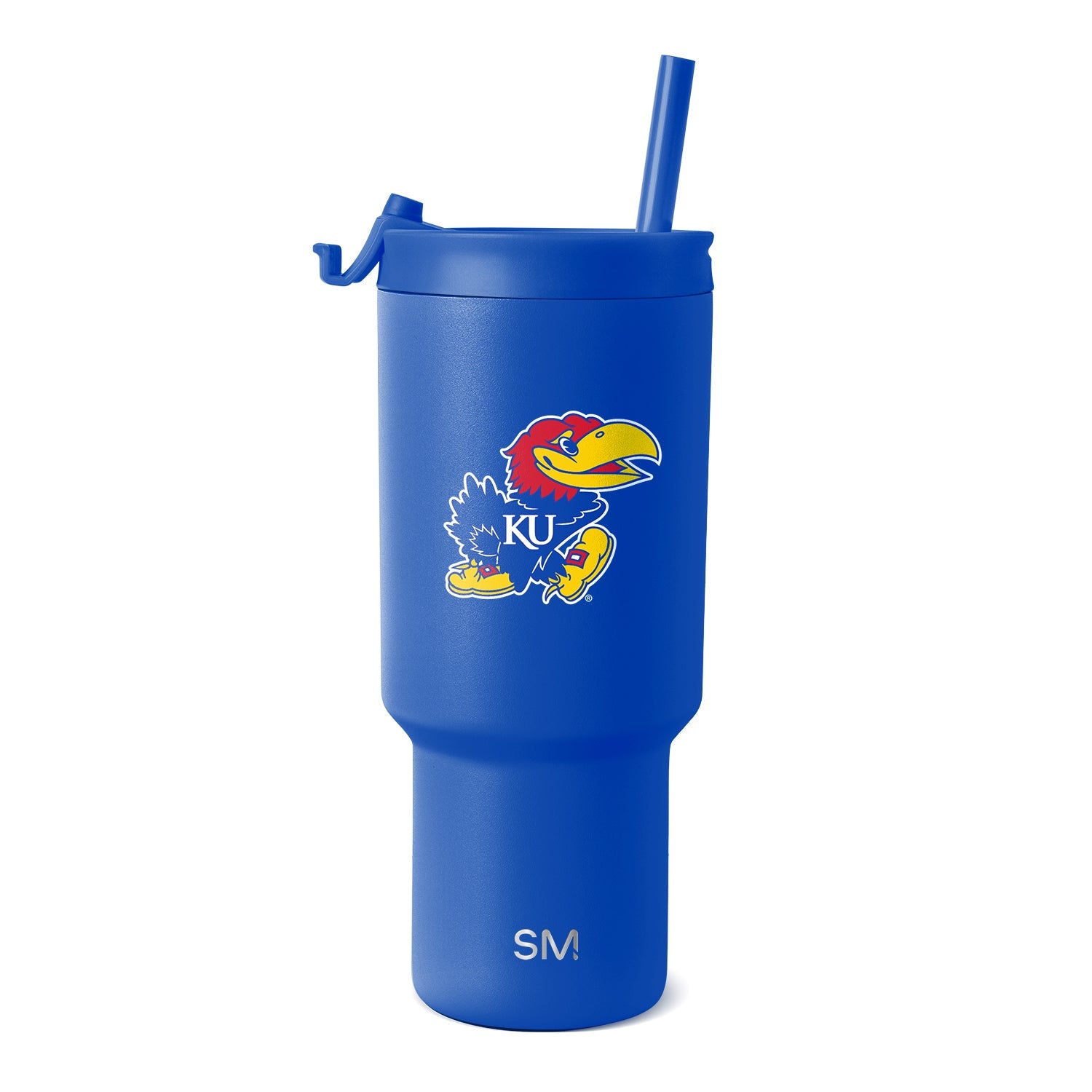 Royal blue insulated tumbler with University of Kansas Jayhawk mascot logo featuring red and yellow accents on the bird's head and beak.