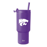 Purple tumbler with straw on white background, featuring matte finish