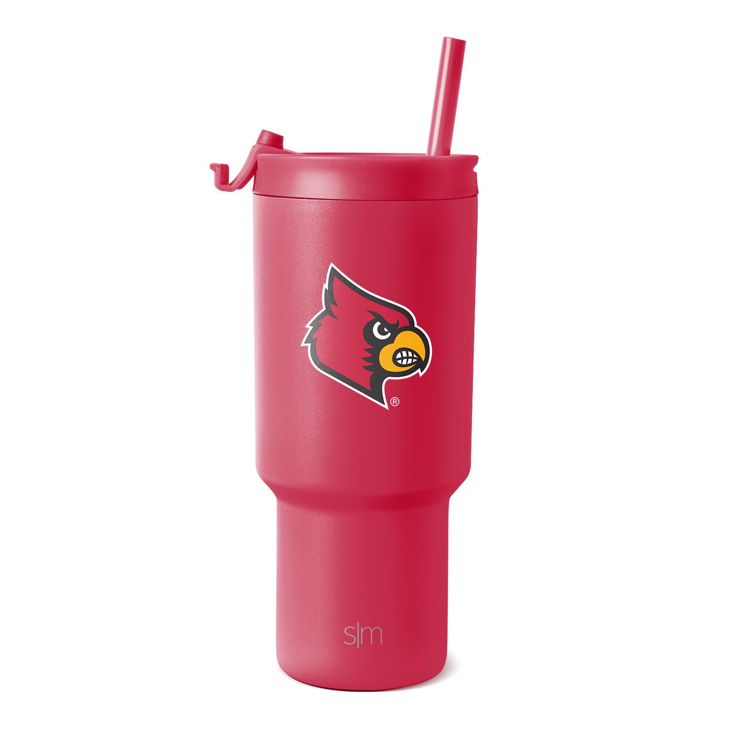 Coral red insulated tumbler with stainless steel construction, shown against white background