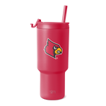 Coral red insulated tumbler with stainless steel construction, shown against white background