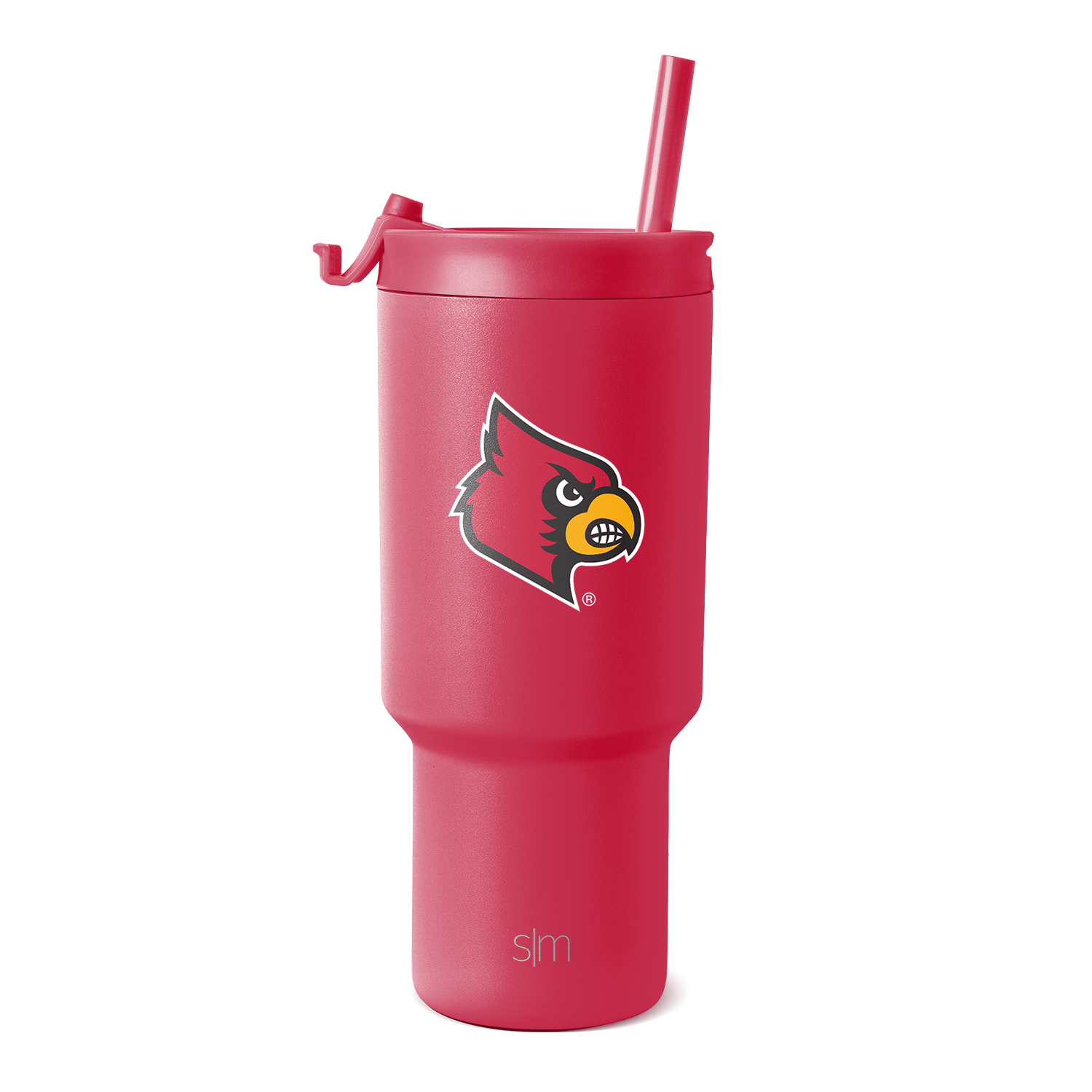 Coral red insulated tumbler with stainless steel construction, shown against white background