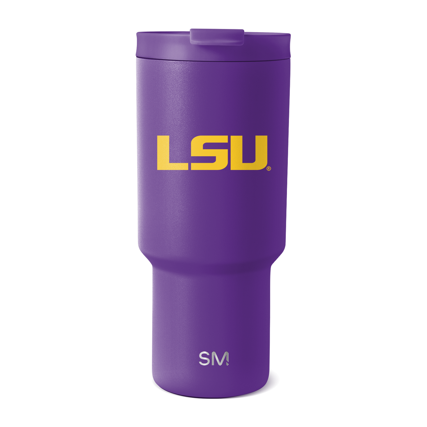 Purple insulated tumbler with matte finish and matching purple lid on white background