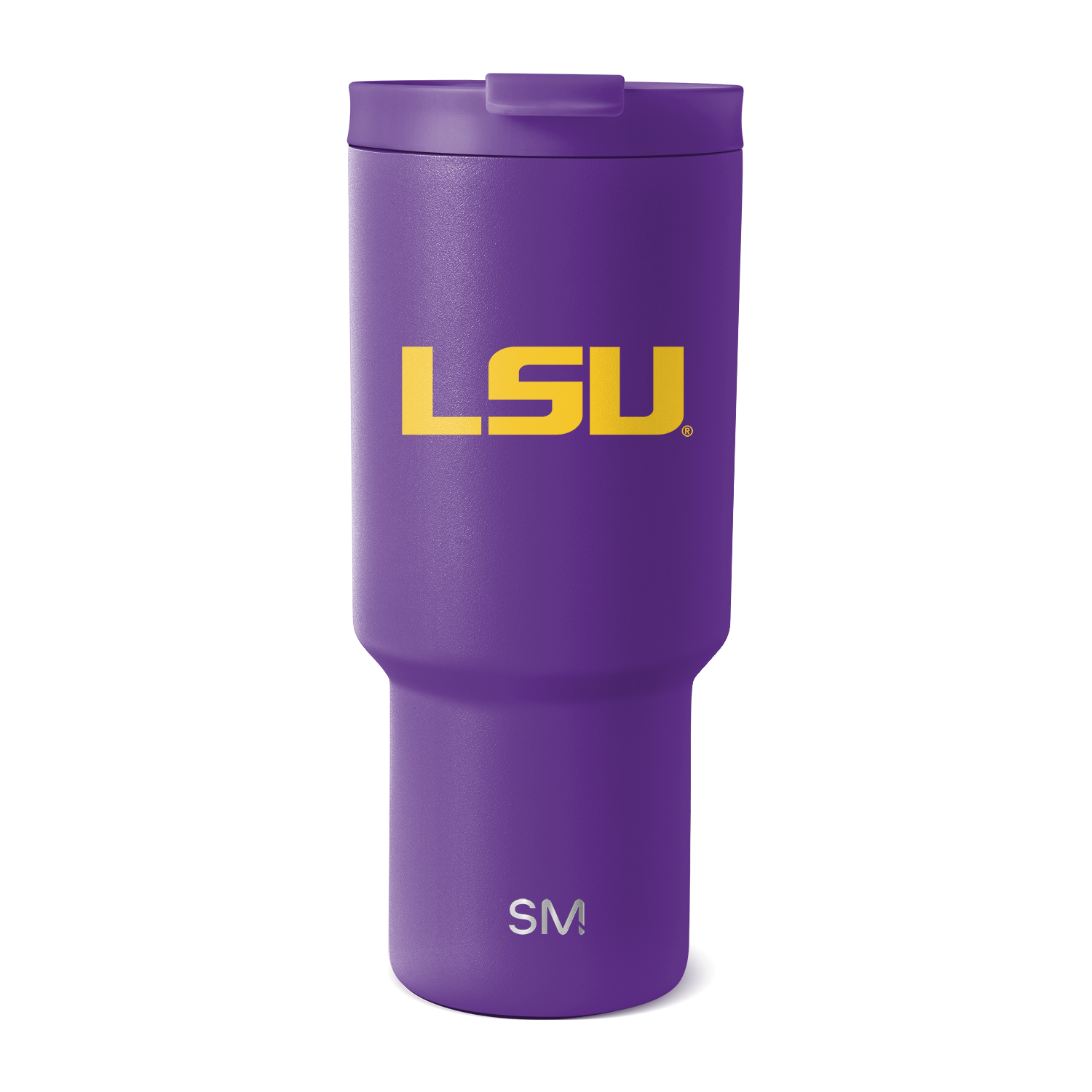 Purple insulated tumbler with matte finish and matching purple lid on white background