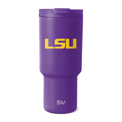 Purple insulated tumbler with matte finish and matching purple lid on white background