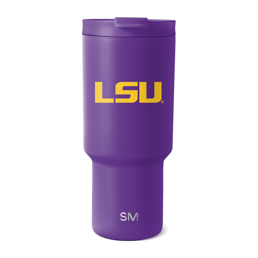 Purple insulated tumbler with matte finish and matching purple lid on white background
