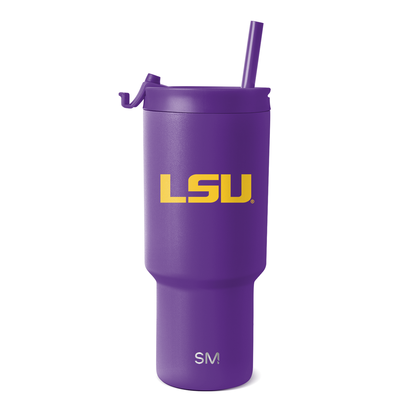 Purple tumbler with gold LSU logo and yellow accents