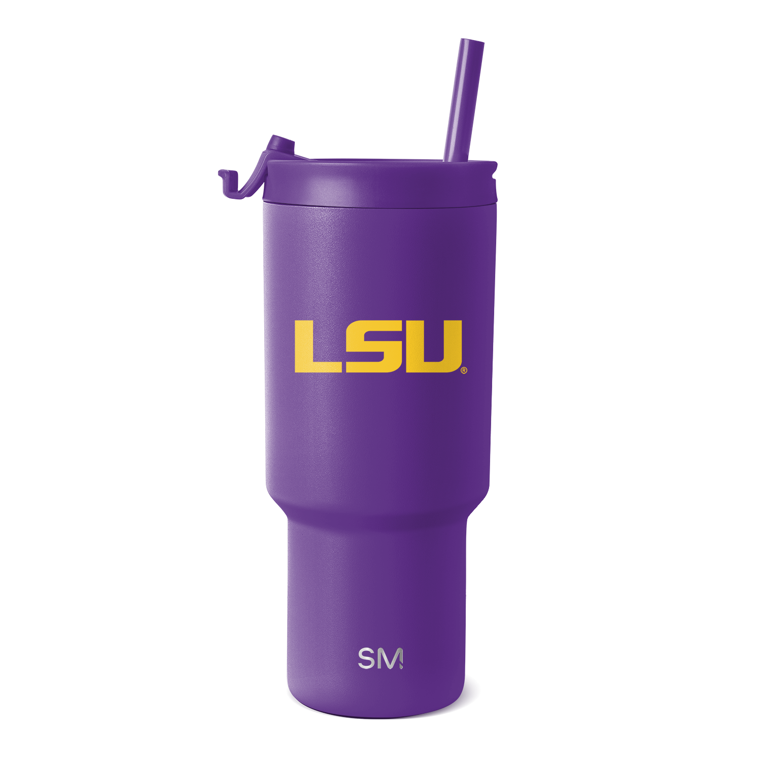 Purple tumbler with gold LSU logo and yellow accents