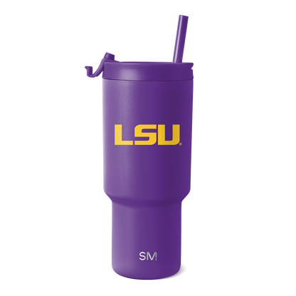 Purple tumbler with gold LSU logo and yellow accents